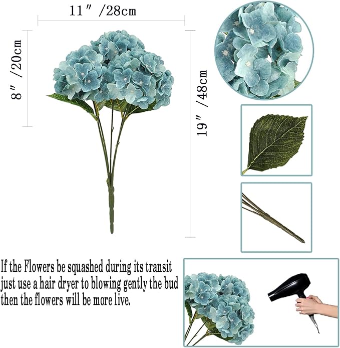 2Bouquets Artificial Fake Flowers Plants Silk Hydrangea Arrangements Wedding Bouquets Decorations Plastic Floral Home Kitchen Garden Party Festival Bar DIY (Blue Haze, 5 Flower Heads)