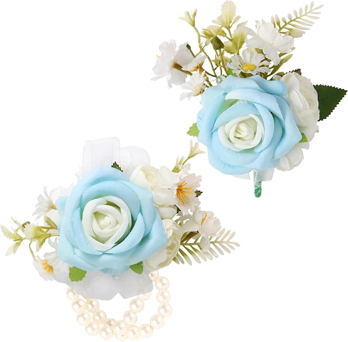 Wrist Corsage and Boutonniere Set, Artificial Rose Corsage Wristlet and Boutonniere for Wedding Prom Party (Blue, 2pcs)