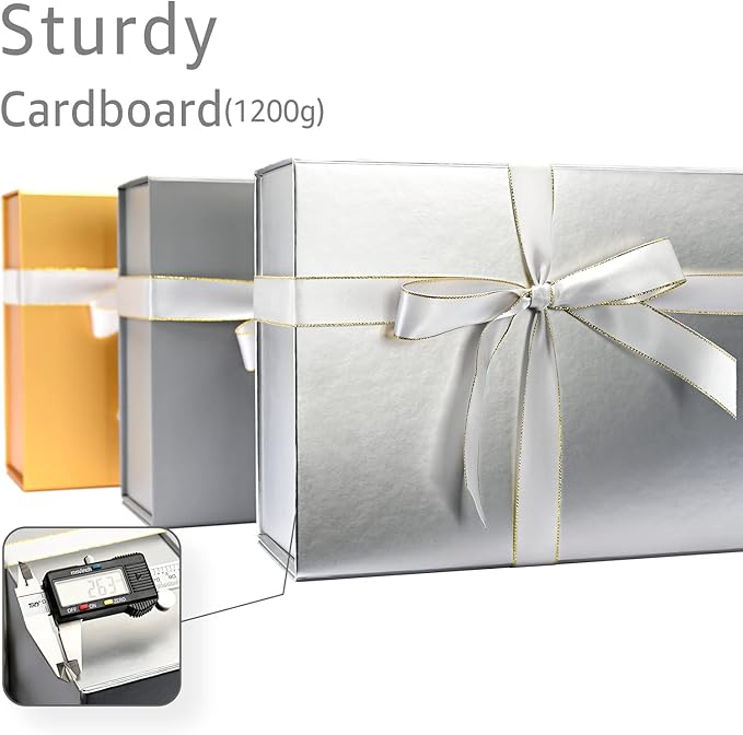 LIFELUM Large Gift Boxes with Lids, 2 Pack 13.8 x 8.3 x 4.4 inch Silver Gift Boxes with Ribbon, Card, Shredded Paper Filler for Presents, Graduation, Christmas, Birthdays