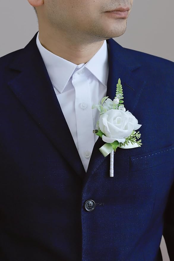 White Green Corsage and Boutonniere Set, Prom Wedding Homecoming Wrist Corsage Wristlet and Boutonniere Set for Grooms Groomsmen Guest Bridal Bridesmaid Artificial Flower Suit Decoration