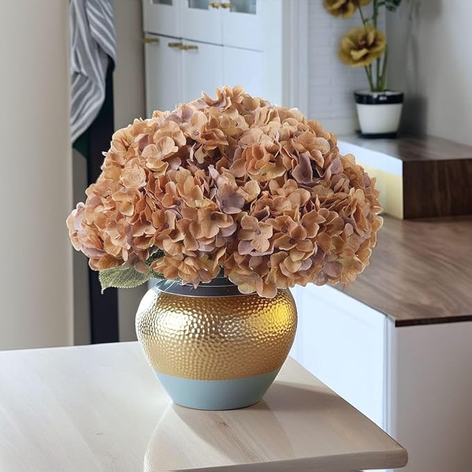 2Bouquets Artificial Fake Flowers Plants Silk Hydrangea Arrangements Wedding Bouquets Decorations Plastic Floral Home Kitchen Garden Party Festival Bar DIY(Brown Yellow)