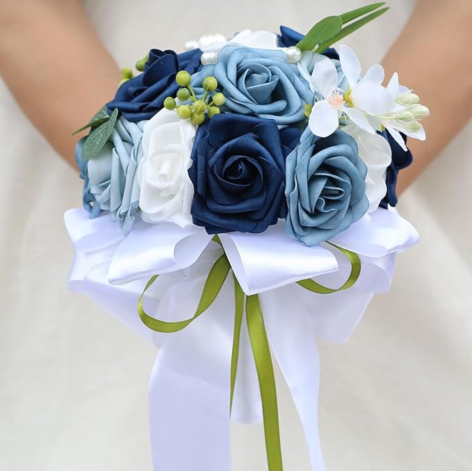 Lightweight Bridal Wedding Bouquet Round Holding Bouquet Throw Toss Artificial Rose Flower Bunch for Bride Bridesmaid Wedding Quinceanera (White & Shades of Blue, 9.1")