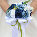 Lightweight Bridal Wedding Bouquet Round Holding Bouquet Throw Toss Artificial Rose Flower Bunch for Bride Bridesmaid Wedding Quinceanera (White & Shades of Blue, 6.7")