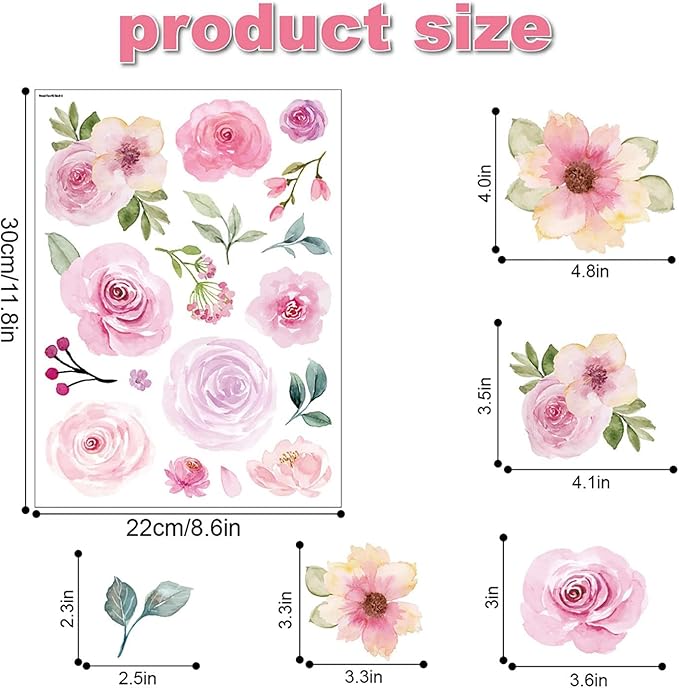 Floral Wall Decals Peel and Stick | 60PCS Watercolor Peony Flower & Leaves Stickers | Removable Vinyl Wall Art for Girls Bedroom, Nursery, Living Room | Pastel Home Decor