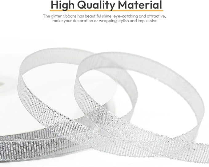 KMER LIFE 3/8 inch x 50 Yards Glitter Silvery Ribbon, Sparkly Metallic Fabric Ribbons, Perfect for Gifts Wrapping, Sewing, Decoration for Christmas, Valentines Day