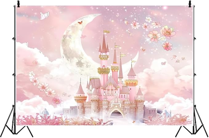 AOFOTO 8x6ft Princess Pink Castle Backdrop Floral Castle Backdrop for Photography Moon Clouds Flowers Fantasy Fairy Tale Party Decoration Banner Girls Newborn Baby Shower Birthday Photoshoot Props