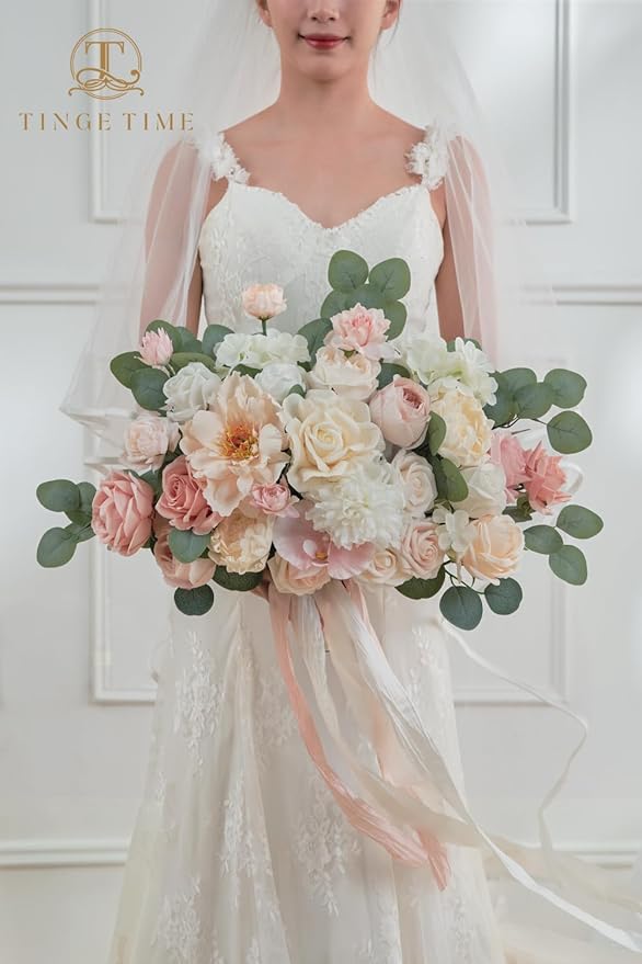 TINGE TIME 17 Inch Artificial Bridal Bouquet Realistic Silk Wedding Bouquet, Durable Fake Flowers for Brides, Bridesmaids, Home Decor, and Events (Champange&Pink)