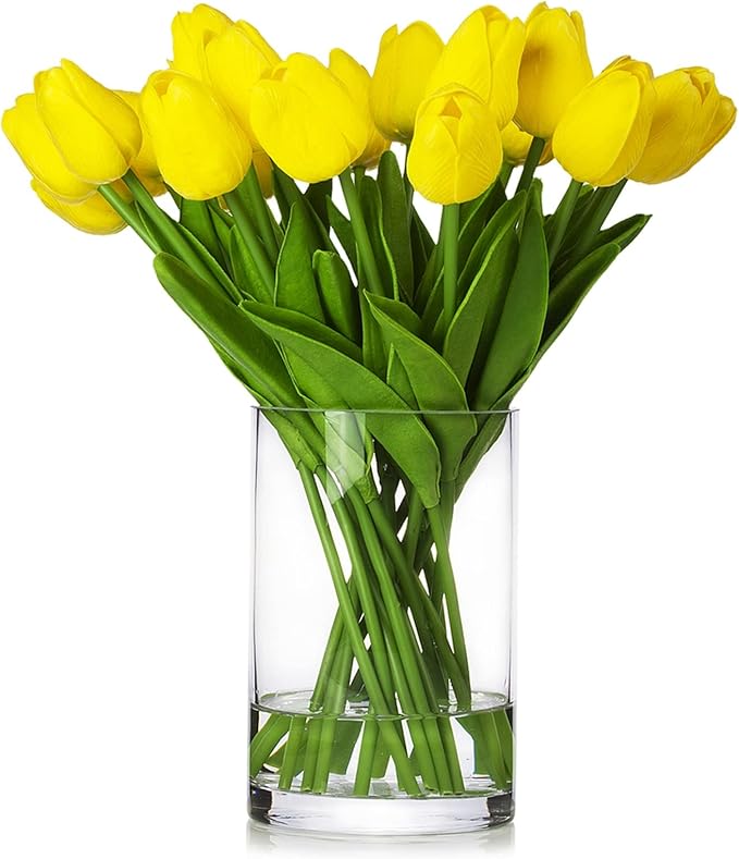 ENOVA FLORAL 20 Pieces Yellow Real Touch Tulips Artificial Flowers in Vase, Fake Tulips Arrangements with Vase and Faux Water for Home Wedding Decoration, Dining Table (Yellow)