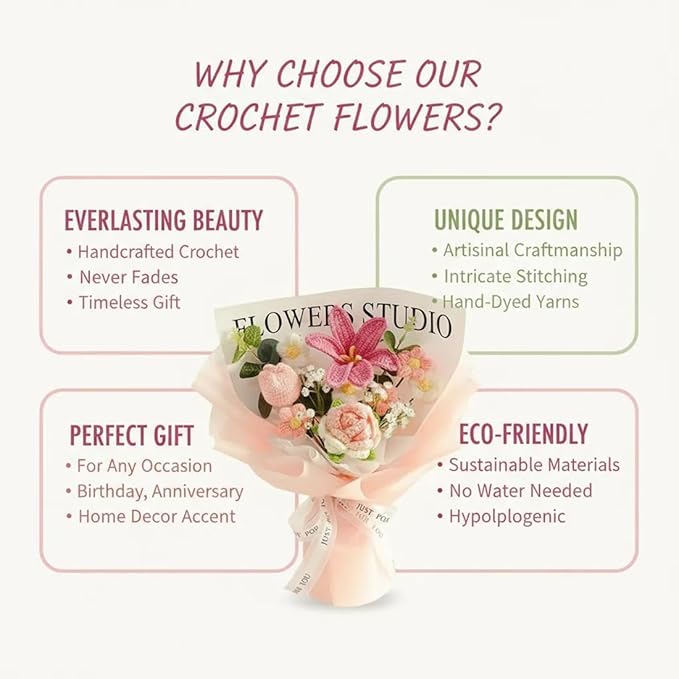 Crochet Flower Bouquet Pink Knitted Flowers, Crochet Tulip Galsang Flower for Lover Anniversary Birthday Party Mother's Day Graduation Gifts
