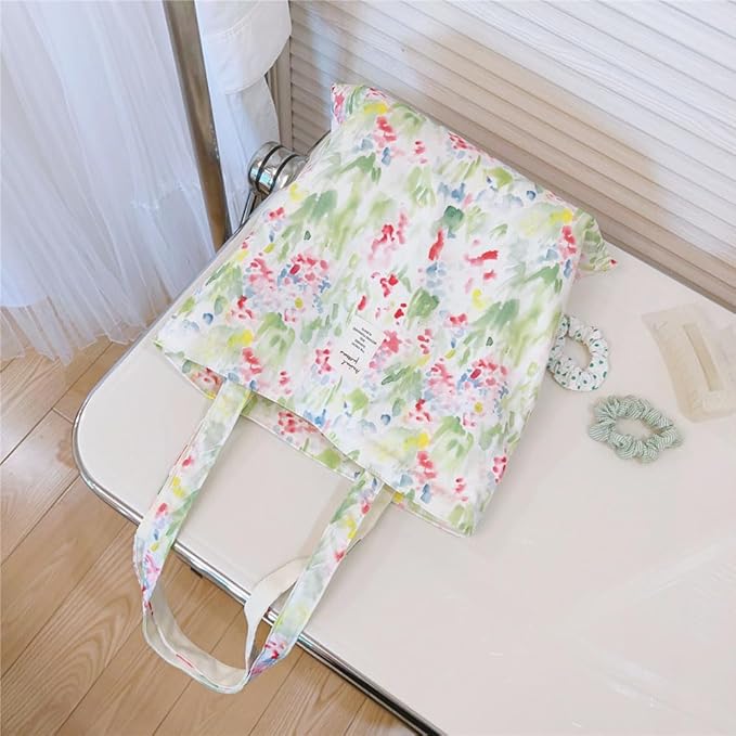 Cotton Canvas Tote Bag Reusable Soft Grocery Cloth Bag Floral Shoulder Bag for Beach Travel Shopping