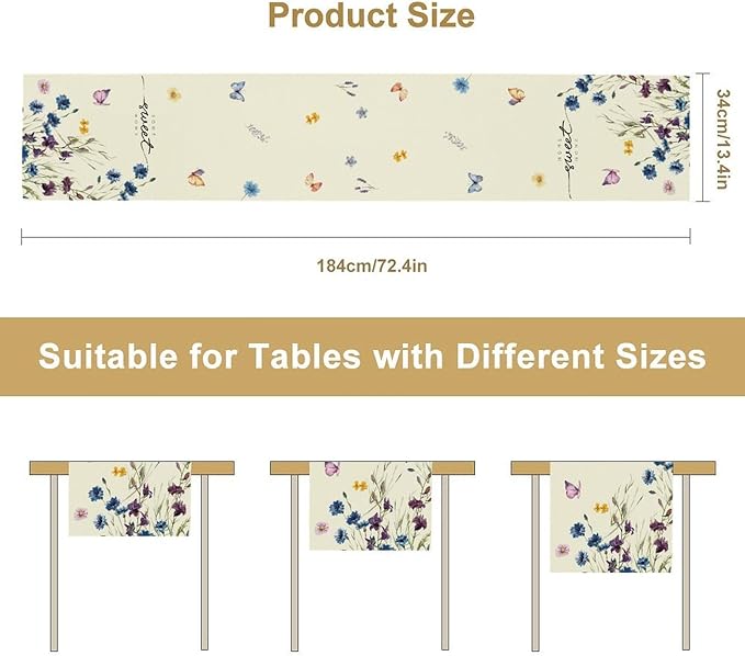 Blue Floral Table Runner, Spring Summer Watercolor Wildflower Butterfly Country Farmhouse Coffee Table Center Decor for Home Kitchen Dining Patio Holiday Party Table Decorations 13x72 inches