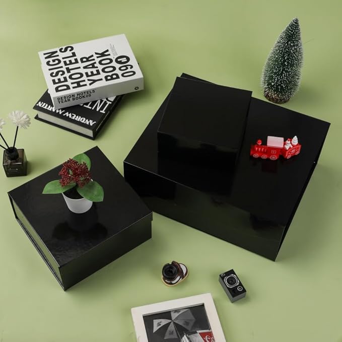 1 Pcs 6x6x3 Inch Black Magnetic Gift Box Small Magnetic Box with Crinkle Paper Black Small Gift Box with Shredded Paper Luxury Gift Boxes with Lids for Presents
