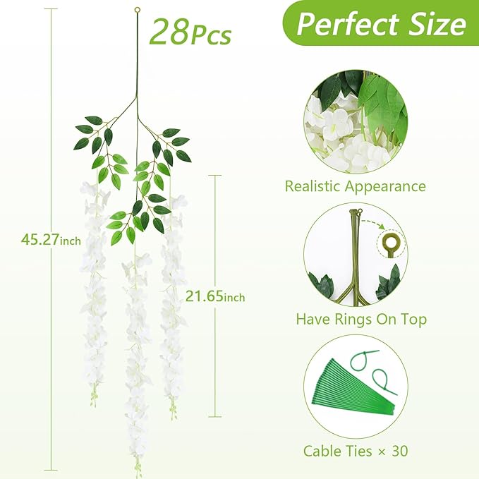 Yastouay 28 Pcs Wisteria Hanging Flowers, 3.77 Ft/Pcs Artificial Hanging Flowers, White Fake Wisteria for Wedding Party Backdrop Wall Home Decoration