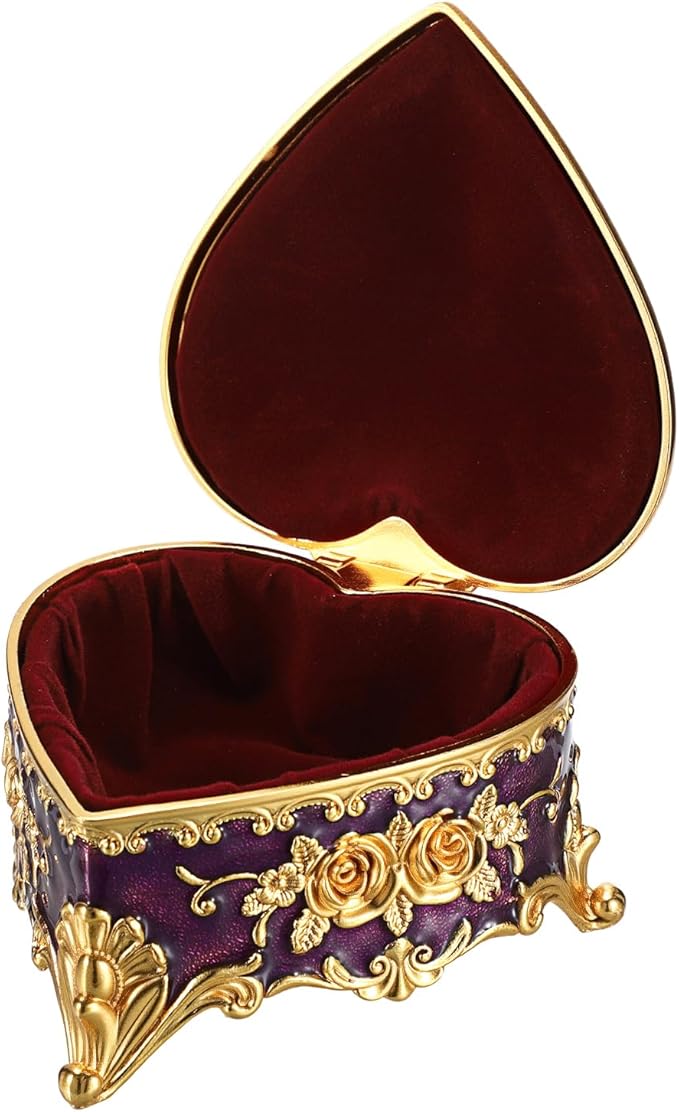 Hipiwe Decorative Jewelry Box Purple Vintage Jewelry Storage Case with Rose Pattern Heart Shaped Treasure Chest Box for Earrings Ring Necklace Keepsake Organizer