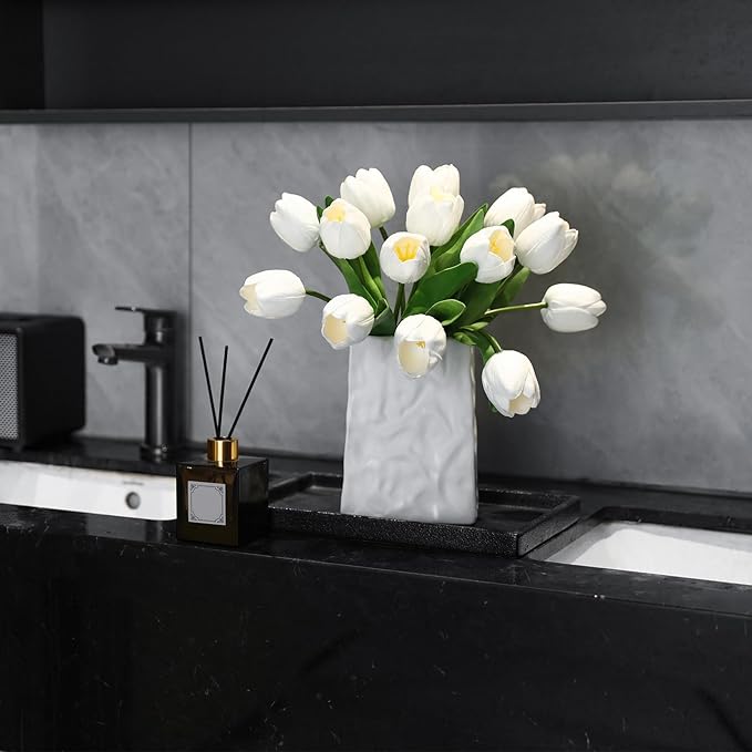 White Artificial Tulips, 2 Bundles 14Pcs, Fake Tulips Artificial Flowers, 2 x 2.4 Inch Large Flower Head Big Tulip, Easter Valentine's Day Mother's Day Home Decoration Flowers