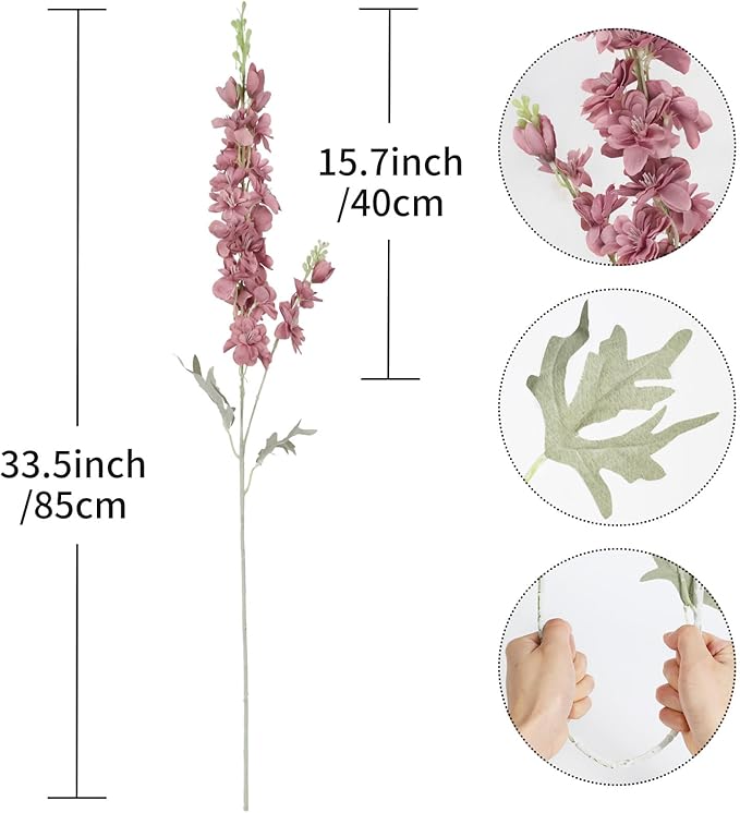 8PCS Delphinium Artificial Flowers Larkspur Fake Flowers 33.5in Long Stem Faux Silk Flowers for Tall Vases for Home Wedding Party Floral Arrangements Centerpiece Table Decorations (Cameo Brown)