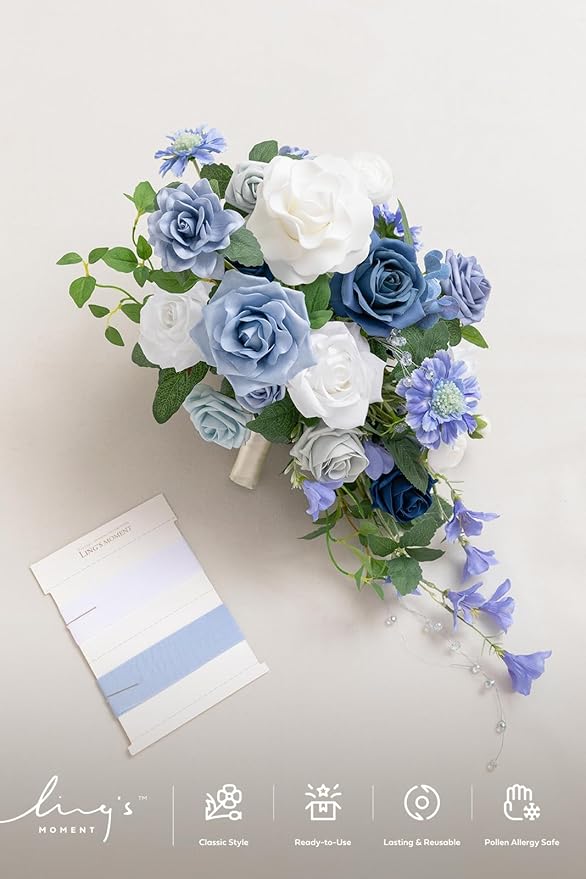 Ling's moment Dusty Blue Bridal Bouquet Cascading, Blue Wedding Bouquets for Bride, 13 Inch Bride Bouquets for Wedding Artificial Flowers Bouquets
