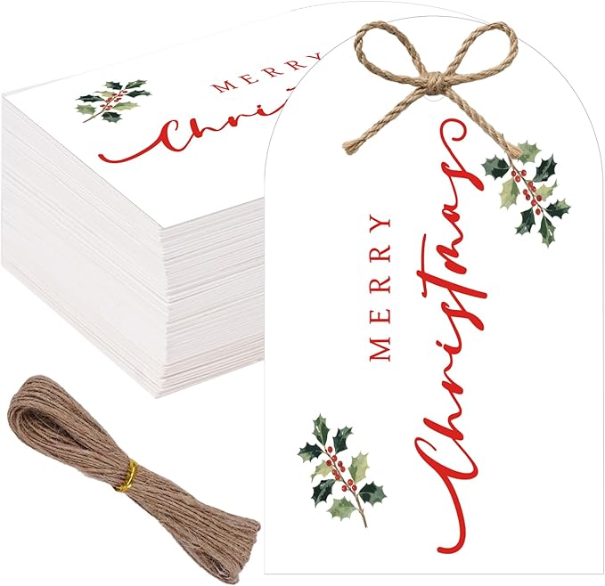60Pcs Merry Christmas Gift Tags, 3.3x2.1 Gold Foil Xmas Presents Tags with String, Holiday Gift Tags with Berry for Winter New Year Party Candy Bag Envelope Gift Favor