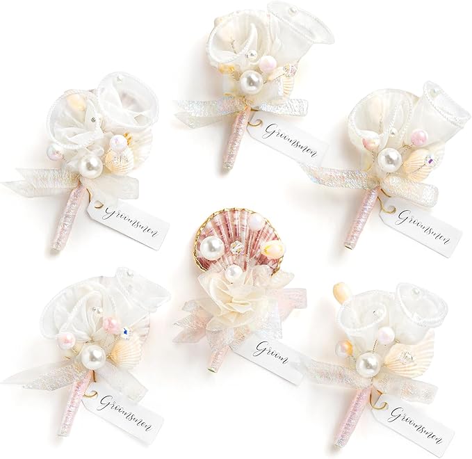 Ling's moment Boutonniere for Men, 6pcs Groom Groomsmen Boutonniere, Artificial Flowers for Wedding Decor/Prom/Homecoming, etc.Cream Blush