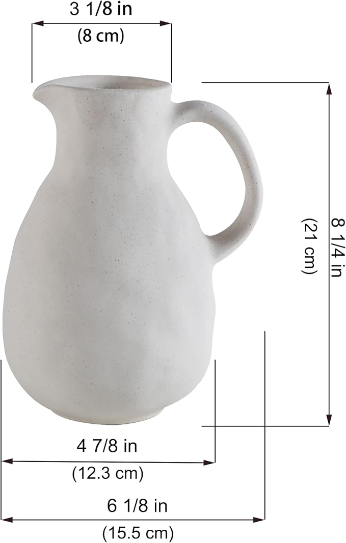 Off White Ceramic Vase with Handle, Pitcher Vases for Modern Farmhouse Home Decor, Small Pottery Flower Jug for Living Room Bedroom Kitchen Office Shelf Decor Centerpiece Table Decoration