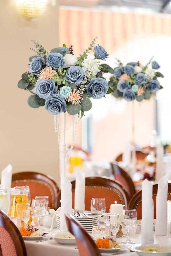 50pcs Roses Artificial Flowers Dusty Blue Silk Roses with Long Stems Fake Flowers for Wedding Bouquet Centerpices Decorations Party Bridal Baby Shower Home Decor