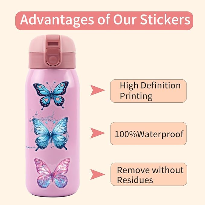 50PCS Butterfly Stickers, Transparent PET Waterproof Nature Decals for Scrapbooking, Journaling, Water Bottles, Phone Cases, Laptops, DIY Crafts & Gift Decor (Vintage Style)