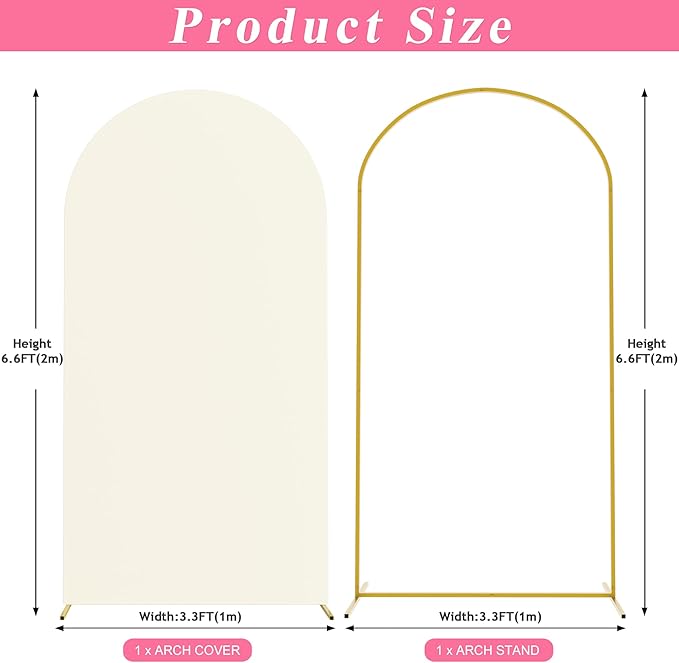 Putros 6.6ft Metal Arch Stand with Cover Ivory Spandex Fitted Wedding Arch Cover and Round Top Chiara Backdrop Stand Set for Birthday Party Baby Shower Decoration