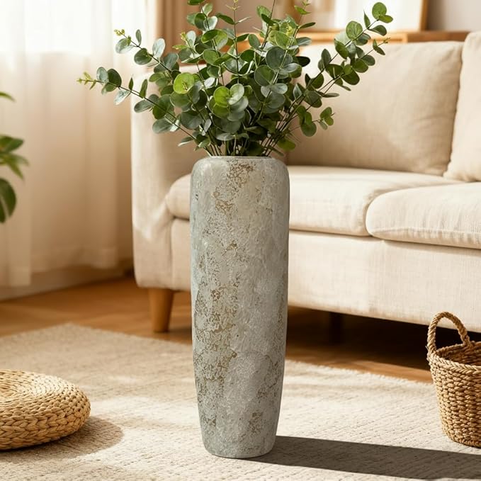 23.6 Inch Rustic Ceramic Tall Floor Vase, Slim Tapered Rustic Farmhouse Vase for Dried Stems & Pampas, Neutral Beige Decorative Vase for Living Room