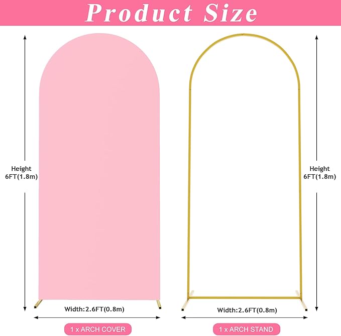 Putros 6ft Metal Arch Stand with Cover Pink Spandex Fitted Wedding Arch Cover and Round Top Chiara Backdrop Stand Set for Birthday Party Baby Shower Decoration