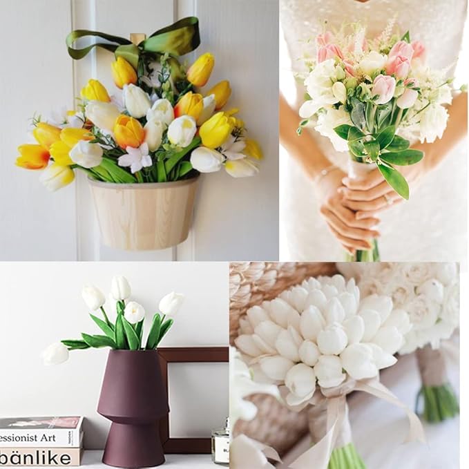 IPOPU Real Touch Tulips 24PCS Artificial Tulips Flowers for Decoration Cream Fake Tulips Floral Arrangements Artificial Faux Tulips Decor for Table Home Decor Baby Shower Centerpieces (Off White)