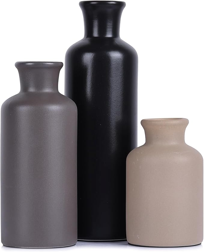 Ceramic Vase Set of 3 - Modern Neutral Decorative Vases for Home Decor, Rustic Farmhouse Boho Vases for Living Room, Mantel, Dining Table, Bookshelf, Kitchen or Entryway Decoration