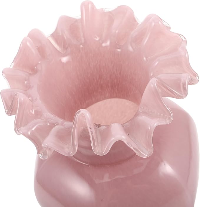 Luxshiny Handblown Glass Vase with Pearlescent Finish Artistic Ripple Mouth Design Sturdy Glass Hydroponic Flower Vase for Home Decoration Living Office Centerpiece Wedding Table Decor in