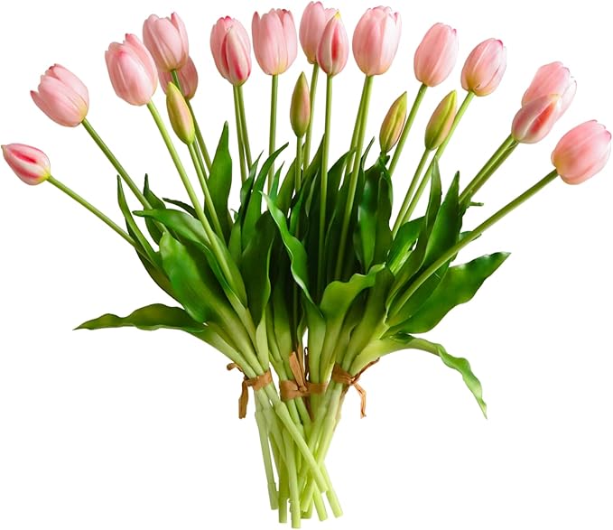 Artificial Flowers 20pcs Fake Tulips Real Touch, Faux Latex Tulips Flowers with Gift Box Soft Faux Tulips Bouquets Arrangements for Party Wedding Home Room Decoration(Pink)