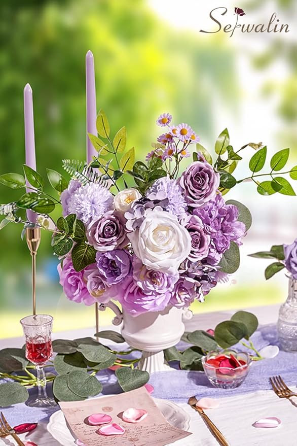 Serwalin Artificial Flowers Silk Flowers Wedding Cake Flowers Purple Fake Flowers Box Set for DIY Wedding Bouquets Table Centerpieces Arrangements Baby Shower Home Decor