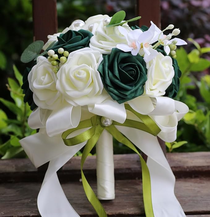 Lightweight Bridal Wedding Bouquet Round Holding Bouquet Throw Toss Artificial Rose Flower Bunch for Bride Bridesmaid Wedding Quinceanera (Cream & Dark Green, 7.9")