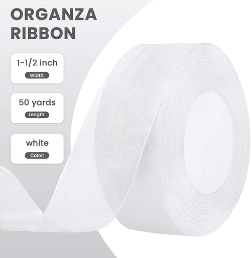 1-1/2 Inch White Sheer Organza Ribbon for Bow Making, Gift Wrapping, Christmas Decoration, 50 Yards/Roll