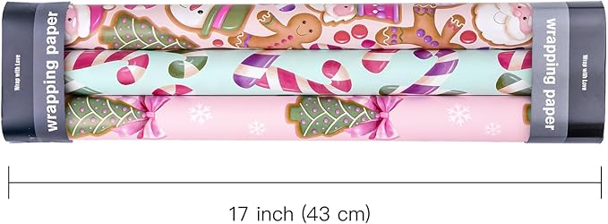 WRAPAHOLIC Christmas Wrapping Paper Roll - Mini Roll - 3 Rolls - 17 Inch x 120 Inch Per Roll - Pink & Blue Gingerbread Wrapping Paper Holiday Collection for Xmas Holiday, Party Celebration