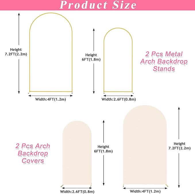 Putros Metal Arch Stand with Cover Set of 2 Beige Spandex Fitted Wedding Arch Cover and Round Top Chiara Backdrop Stand for Birthday Party Baby Shower Decoration 7.2FT, 6FT