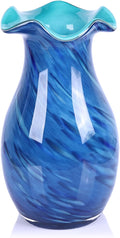 10.6in Hand Blown Blue Glass Vase – Wide Mouth Murano Bubble Art Glass Vase, Cobalt Blue Flower Vase for Coastal, Vintage, Colorful Home Decor, Vase Gift for Mom or Display (Blue)