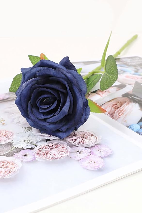 Artificial Rose Flower Navy Blue Flowers Navy Blue Roses Silk Flowers 30 pcs with Long Stem Silk Roses Bouquet for Wedding Bridal Shower Party Home Decoration