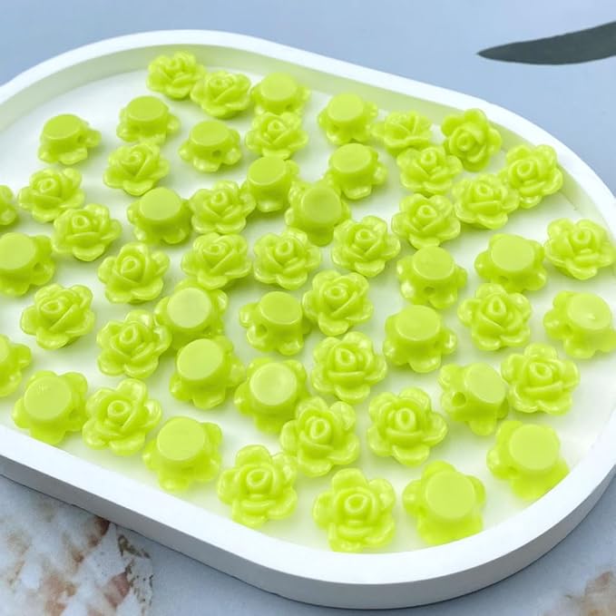 200pcs Acrylic Rose Flower Beads Candy Color Flat Back Spacer Beads Loose Pastel Colorful Decor for DIY Crafts Jewelry Making Bracelet Necklace Earrings(Yellow Green)