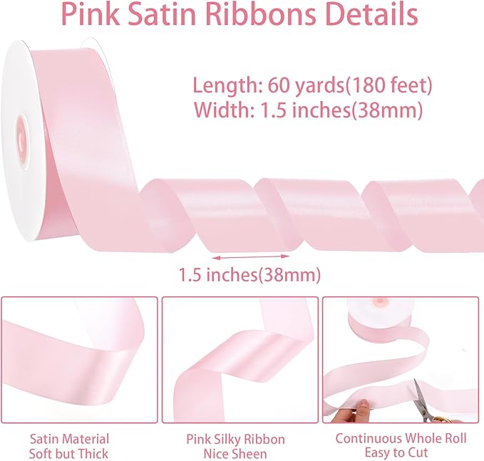 Pink Ribbon 1 1/2 Inch 60 Yards Light Pink Satin Ribbon for Flower Bouquet Handmade Bows Roses Garland Leis Christmas Garden Decor Bridal Baby Shower Wedding