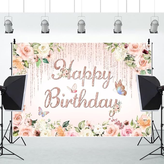ChloropLastid 10x6.5ft Pink Floral Birthday Backdrop Rose Gold Glitter Flower Blossom Butterflies Happy Birthday Photography Background for Girls Princess Bday Party Decorations Banner Photo Props