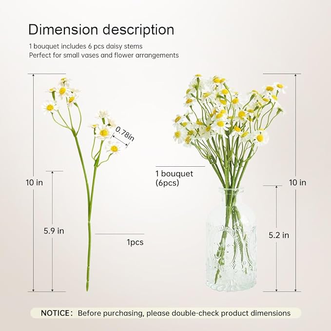 Small White Daisy Flowers Artificial,6 Bouquet/36Pcs 10 Inch Fake Daisies,Cute Spring Wildflowers for Centerpiece Table Decor