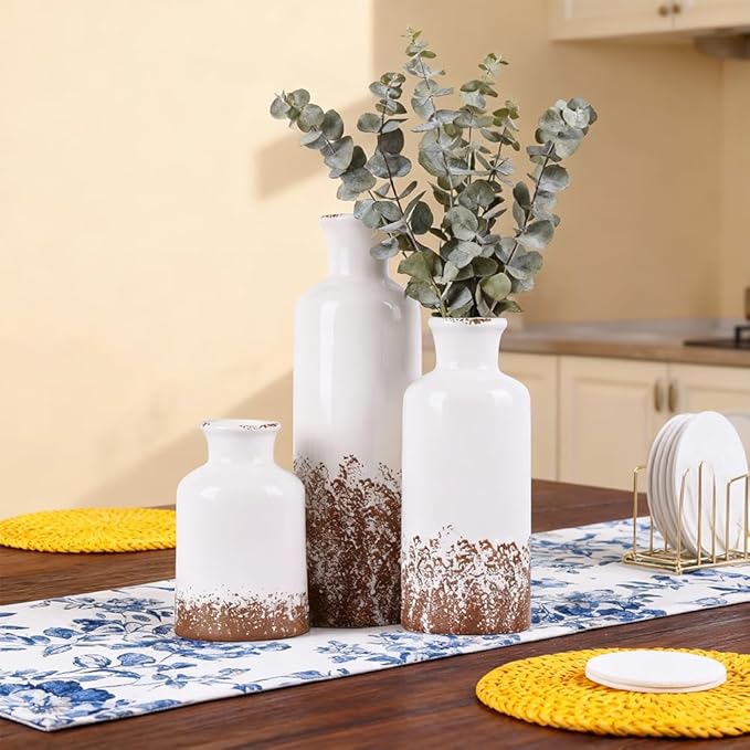 Gray Ceramic Farmhouse Vase Set of 3 – Rustic Small Vases, Vintage Country Style Decorative Vases for Flowers, Home Decor for Living Room, Table, Mantle, Fireplace & Entryway Centerpieces