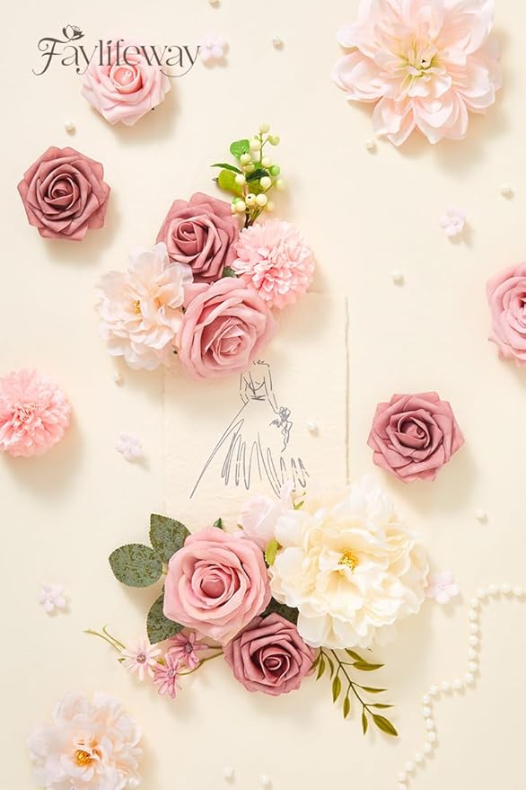 Artificial Flowers, Dusty Pink Flowers for DIY Wedding Bridal Bouquets, Fake Cake Flowers for Centerpieces,Baby Shower, Table Arrangement, Home Party Decorations