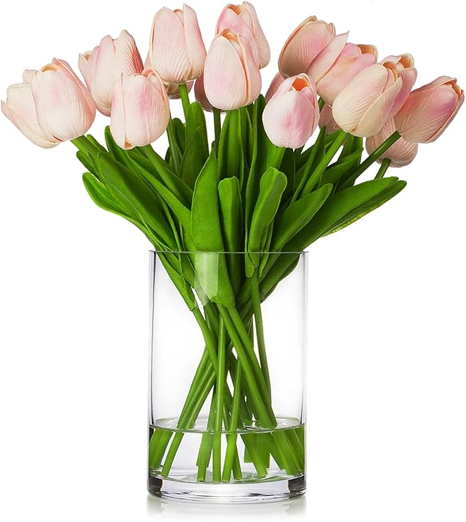 ENOVA FLORAL 20 Pieces Pink Tulips Artificial Flowers Real Touch in Vase, Fake Tulips Arrangements with Vase and Faux Water for Home Decoration, Dining Table, Wedding Centerpieces (Pink)