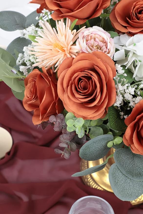 30pcs Roses Artificial Flowers Burnt Orange Fake Roses Flowers with Long Stems Silk Flowers for Wedding Bouquet Centerpices Decorations Party Bridal Baby Shower Home Decor