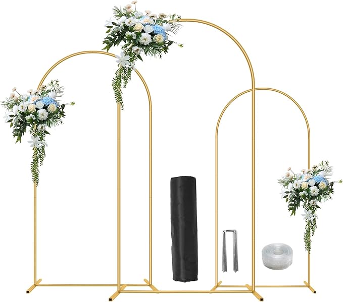 Metal Arch Backdrop Stand Set of 3(6 ft, 5 ft, 4 ft) Party Arch Stands for Wedding, Birthday, Baby Shower, Bridal Shower,Balloon Arched Frame for Garden Decor, Gold Floral Arches