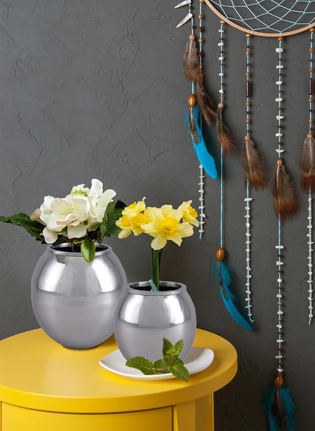 Serene Spaces Living Alerra Stainless Steel Vase, Round Modern Silver Flower Vase, Minimalist Metal Accent for Home, Office, Wedding, or Event Centerpieces, Ideal Gift, 4.5" Diameter & 4.5" Tall